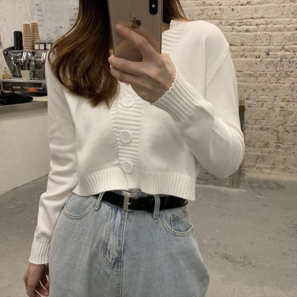 

fashion v neck oversize womens sweaters small fresh outer wear short casual single breasted knitted cardigan female, White;black