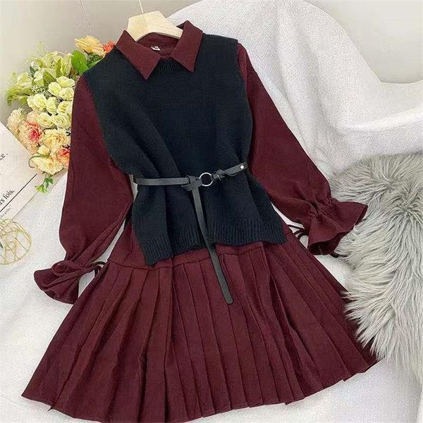 

autumn winter suit two piece outfits for women knitted cape + pleated dress+single korean chic 2 set 2021 conjuntos mujer casual dresses, Black;gray