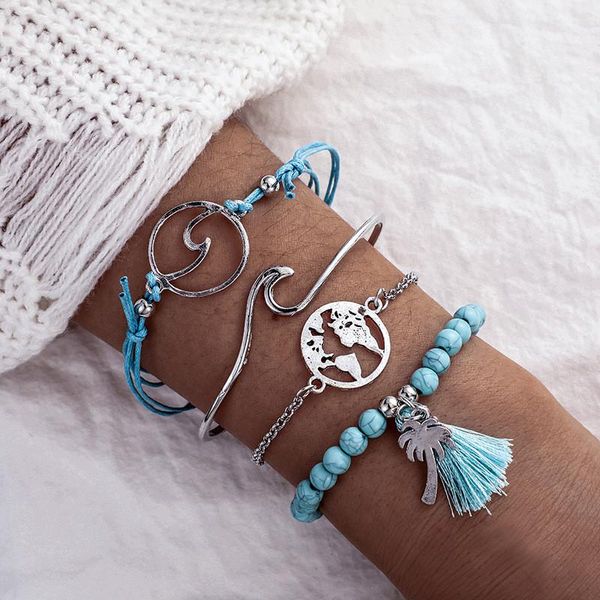 

charm bracelets fashion bohemian feather for women retro silver color strand bangles sets jewelry party gifts 4 pieces, Golden;silver