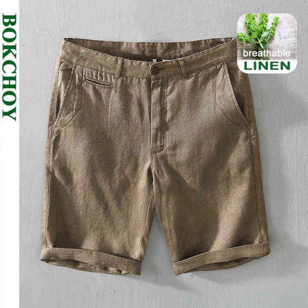 2021 Verão Primavera New Homens Linho Solto Shorts Praia Casual Calças de cinco pontos Workwear Pure Algodão Calças de cor sólida GC-8216 H1210