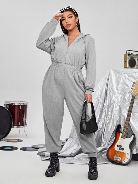 

plus elastic waist zipper drawstring hooded jumpsuit o703#, Black
