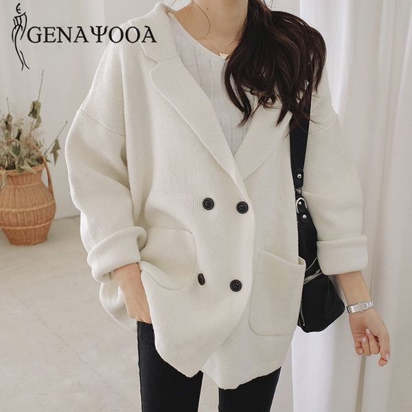 

genayooa casual winter cardigan long sleeve knitted sweater women turn-down collar soft female cardigans korean 210417, White;black