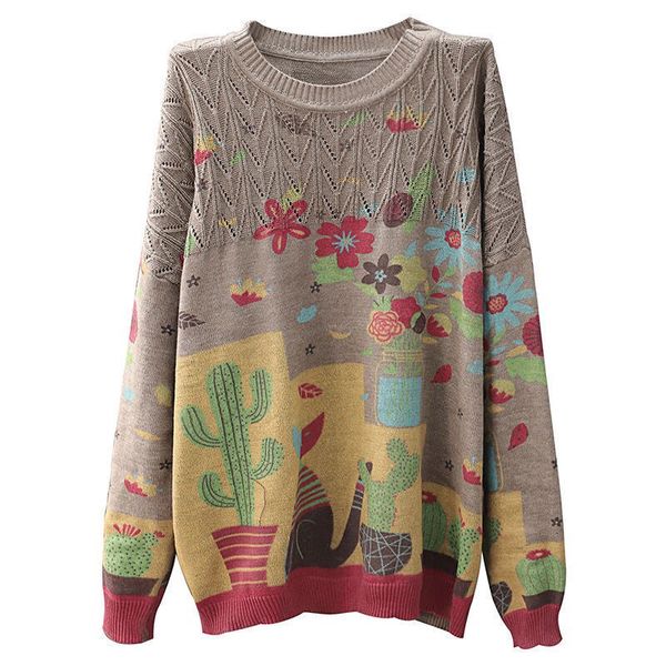 

women's sweaters retro literature and art spring autumn printed wool sweater women's round neck loose lazy style tx0z, White;black