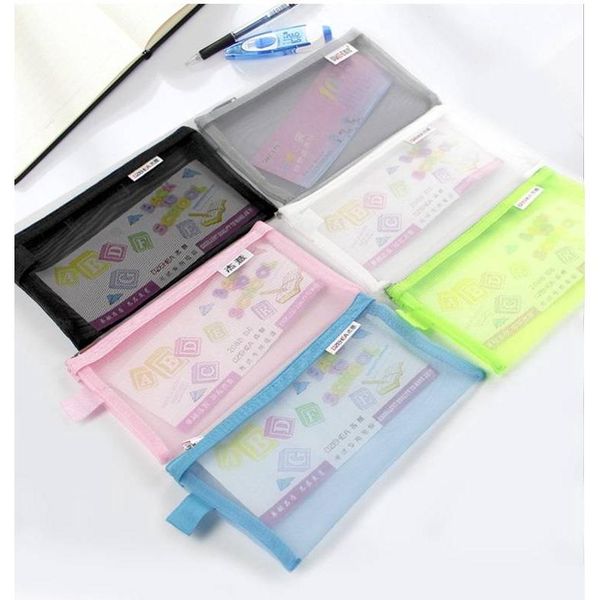 

pencil bags cute simple transparent mesh case nylon zipper pen box office school student storage bag for kids stationery friend gift