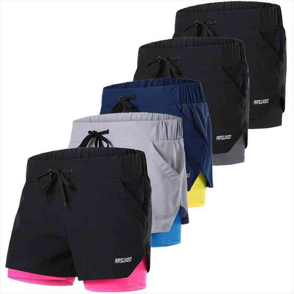 

womens 2 in 1 elastic waist running shorts gym jogging fitness sports short female reflective breathable sweatshorts, White;black