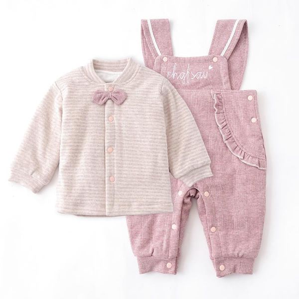 

clothing sets 2021 winter infant girls boys clothes set toddler fall born chirdren outfit striped long sleeve +plaid overalls, White
