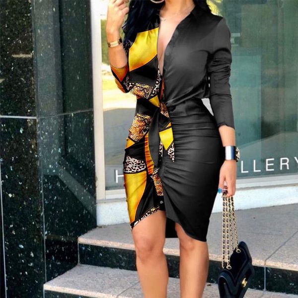 

casual dresses summer women elegant patchwork leopard long sleeve printed dress ladies v-neck slim party mini ruched bodycon vestido, Black;gray