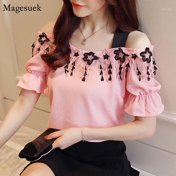 

women's blouses & shirts summer solid chiffon blouse women fashion 2021 short sleeve casual for slash neck female blusas d836, White