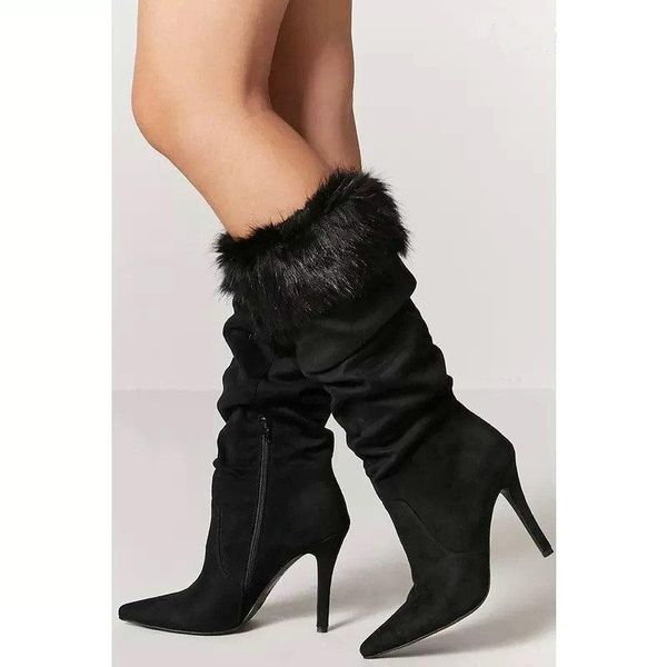

boots 2021 faux suede ladies long stitching plush autumn winter warm knee high fashion pleated zipper thin heel hoes, Black