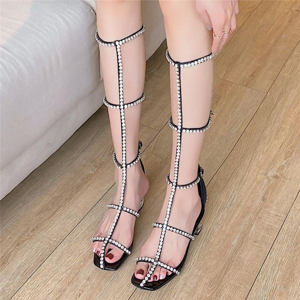 

prova perfetto 2021 summer gladiator woman sandals boots crystal street fashion long thick transparent shoes, Black