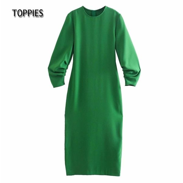 Verde maxi vestido mulher manga curta magro o-pescoço ruched plissado elegante elegante 210421