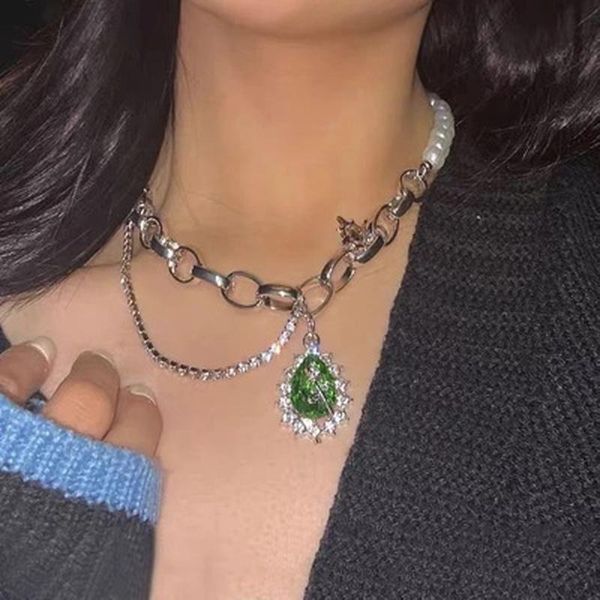 

pendant necklaces baroque green crystal tassel necklace for women europe and america pearl chains choker jewelry gifts 2021, Silver