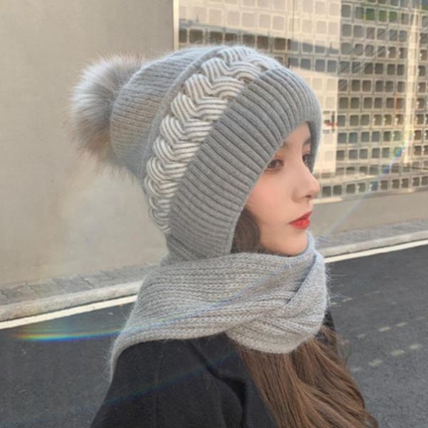 

berets korean style hat scarf set women winter warm cycling ear protection windproof knitted wool pullover for, Blue;gray