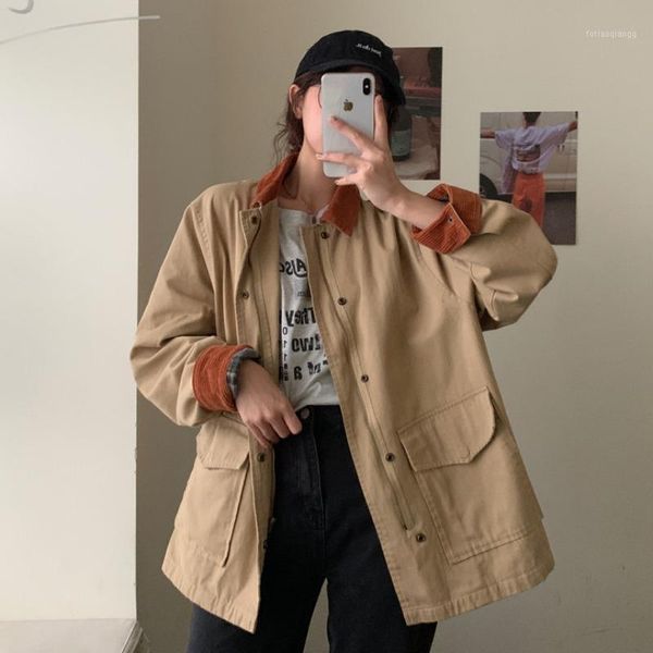

[ewq] 2021 spring female casual patchwork corduroy collar zipper long-sleeved khaki loose jacket cardigan coat 8y658 women's jackets, Black;brown