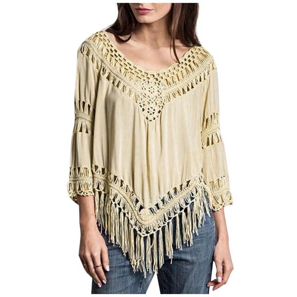 

women's blouses & shirts women blouse tassels knitting plus size geometry v-neck summer shirt vrouw large blusa feminina, White