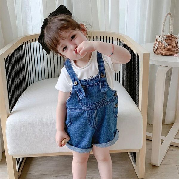 

kids denim shorts for summer girls overalls thin casual baby short suspender trousers loose with plockets children's clothes jumpsuits, Blue
