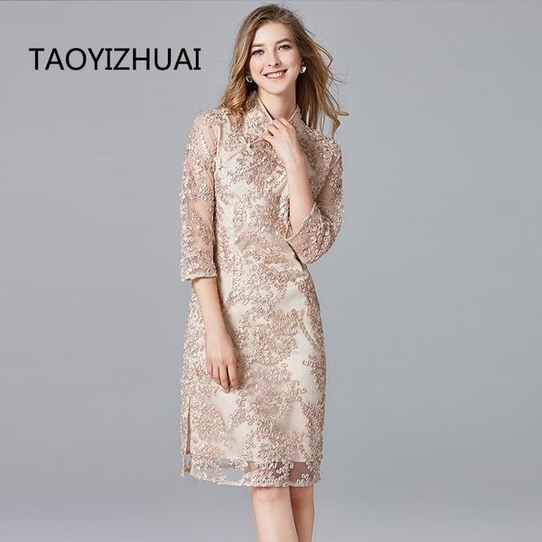 

casual dresses taoyizhuai 2021 autumn vintage style stand plus size dress beige color embroidery a-line knee length women lace 14230, Black;gray