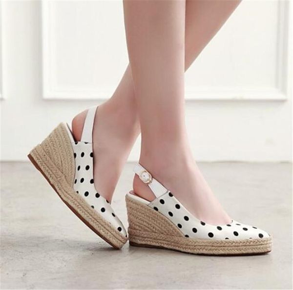 

elegant women silk slingbacks polka dot weaving wedge platform high heels dress party shoes lady office pumps big size, Black