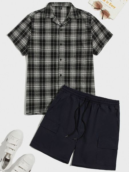 

men plaid shirt & drawstring waist flap pocket shorts set h0lq#, Gray