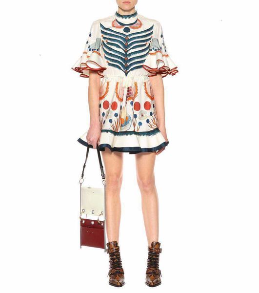 

casual dresses brand fashion summer women runway fish tail designer print flare sleeve ruffle mini party db2n, Black;gray