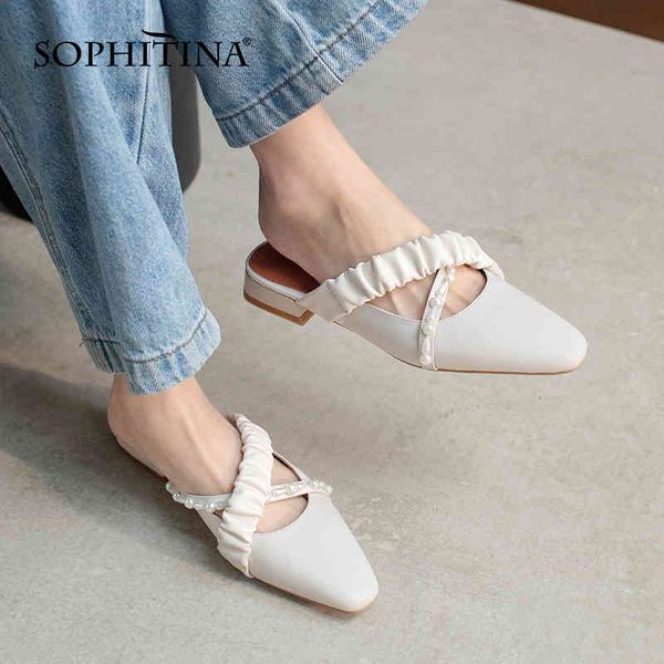 

sophitina fashion pearl slippers lady cover toe outdoor summer daily shoes flat solid color korean leather women's shoes ao658 210513, Black