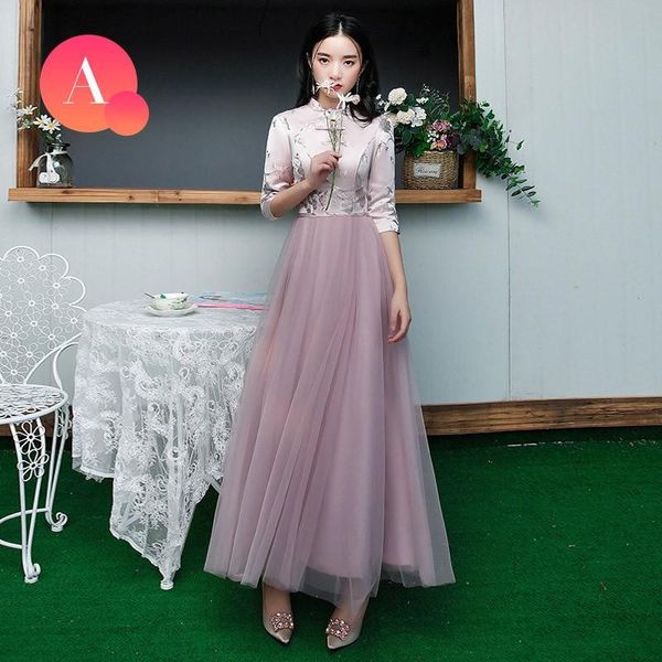

autumn chinese bridesmaids dresses vintage mandarin collar qipao perspective mesh evening dress elegant sisterhood cheongsam ethnic clothing, Red