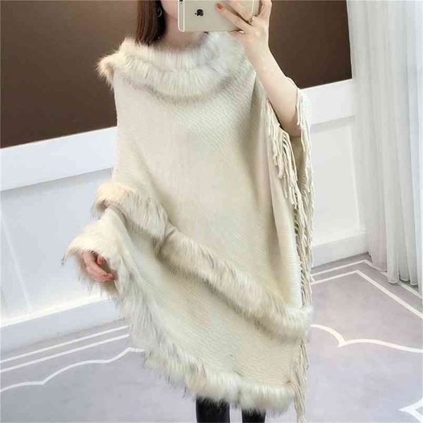 Faux Fox Fur Осень и зима плавная платок летучая мышь рубашка женское воротник пальто Большой размер бахрома модный свитер 210427