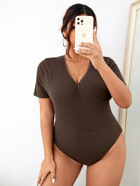 

plus rib-knit contrast lace bodysuit w9fb#, Black