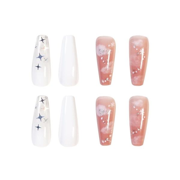 

false nails fake long fingernail extension pink cloud color transparent white star glitter manicure patch nail art tslm1, Red;gold