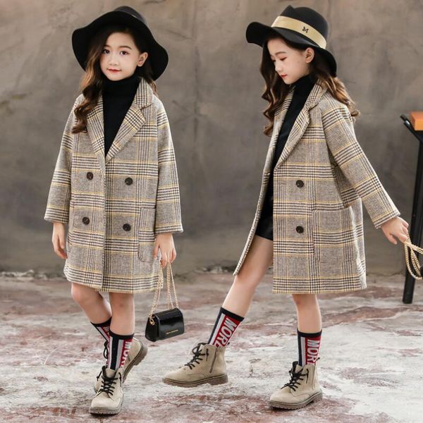

women's trench coats girls double breasted plaid wool coat autumn winter peacoat kids teenage clothes outerwear woolen jacket for child, Tan;black