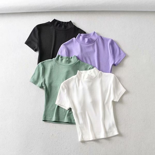 

t-shirt women's 2020 summer new slim high collar short sleeve t-shirt w185, White