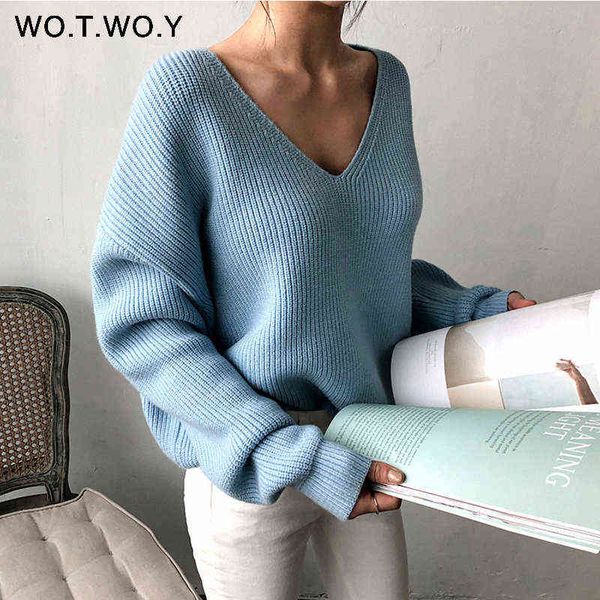 

wotwoy autumn winter basic knitted blue white sweater women 2021 fashion casual v-neck female pullovers korean lady jumpers y1110, White;black
