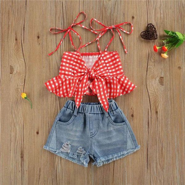 

kids clothing sets girls outfits baby clothes childrens suit summer children wear sleeveless tank denim shorts 2pcs b7499, White
