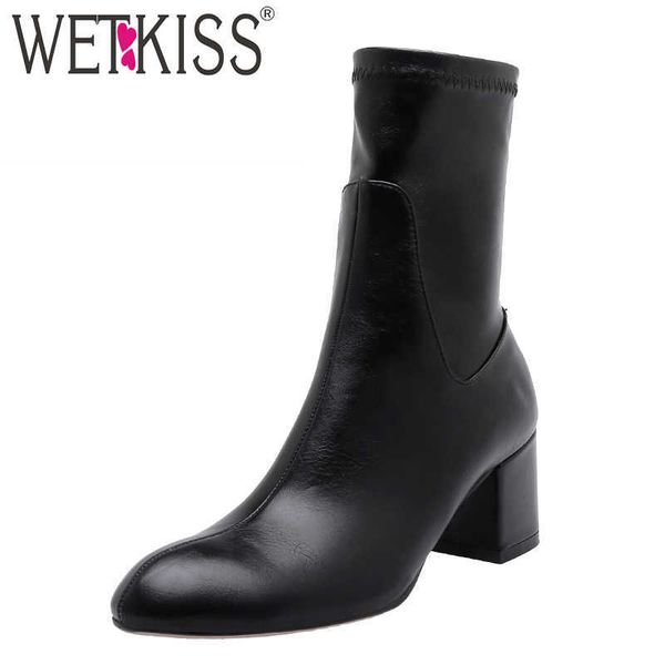 

wetkiss high heels boots women pu ankle booties female zip shoes ladies square toe shoes women winter plus size 45 210630, Black