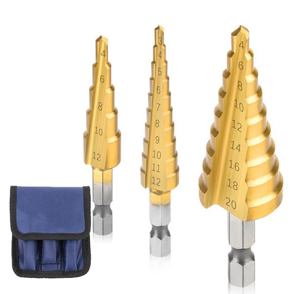 

professional hand tool sets 3pcs hss steel titanium step drill bit 3-12mm 4-12mm 4-20mm cone cuwoodworking wood metal set