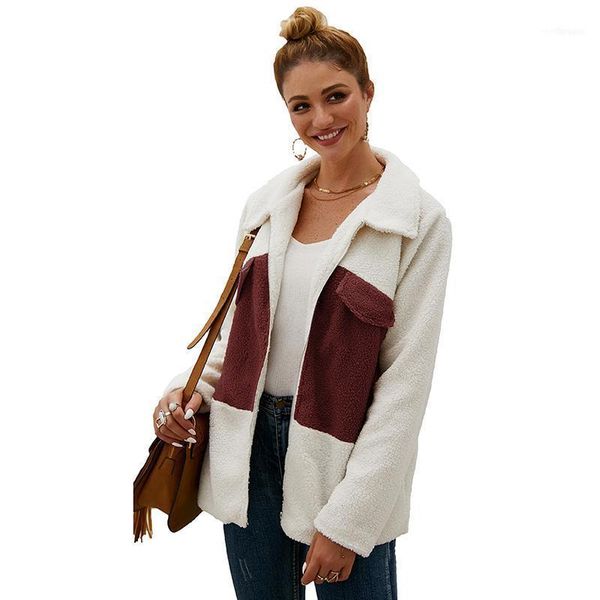 

women's jackets women 2021 autumn winter velvet coat color stitching zipper lapel keep warm loose plush long sleeved jackets1, Black;brown