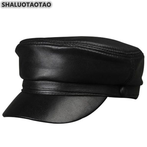 

men's flat cap autumn winter quality sheepskin military hats fashion leisure genuine leather hat student caps wide brim, Blue;gray