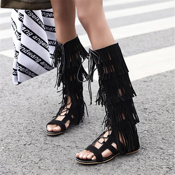 

boots tassel knee high summe shoes women casual sandals flat large size 48, Black
