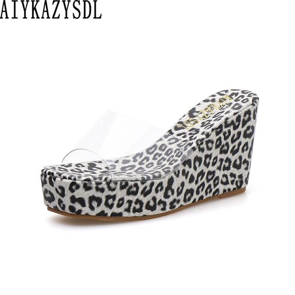

casual women leopard print sandals pvc clear transparent mules slides platlform wedge high heels thick bottom shoes, Black