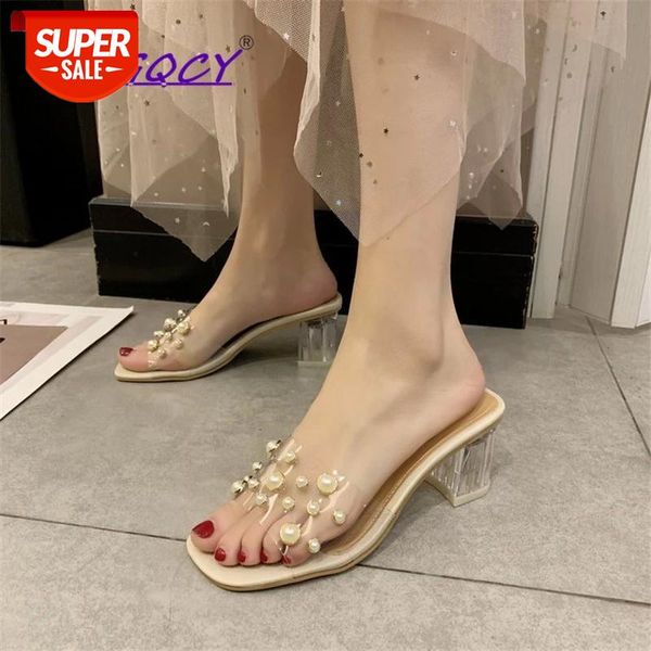 

string bead transparent square heel high heels slippers women 2019 summer shoes woman wild open toe sweet ladies female #m436, Black