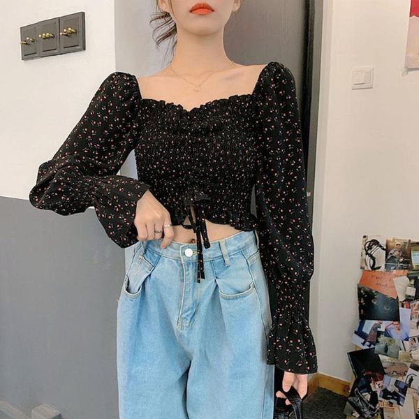 

women's blouses & shirts 2021 spring summer plus size pleated floral print lace up casual puff sleeve square collar chiffon women top, White