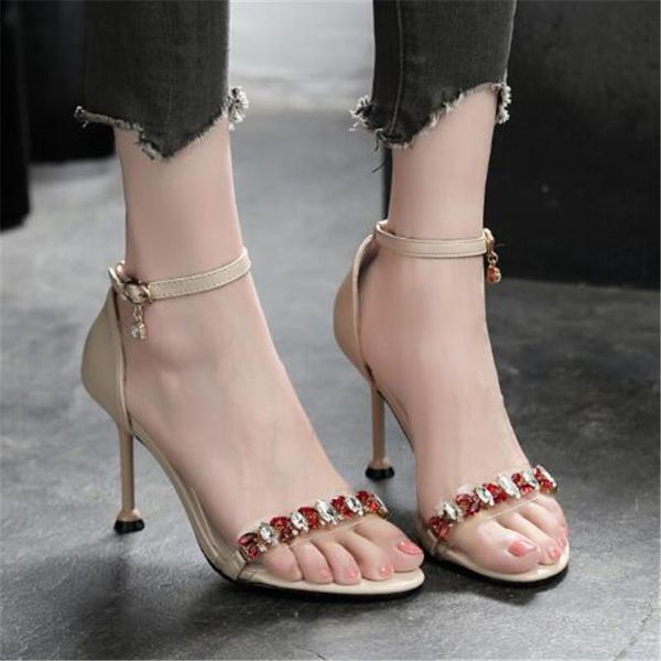 

sandals women mid heel summer slip-on buckle ladies shoes pvc rhinestones strap 6cm thin high heels round toe shallow, Black