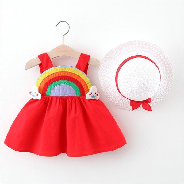 

40 children clothes baby girls girl dress rainbow patterns printing sleeveless princess hat summer set outfit, Red;yellow