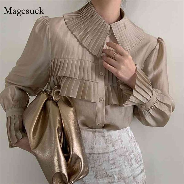 

vintage pleated shirts blouses spring turn-down collar white blouse women solid lantern sleeve office ladies blusas 13337 210512