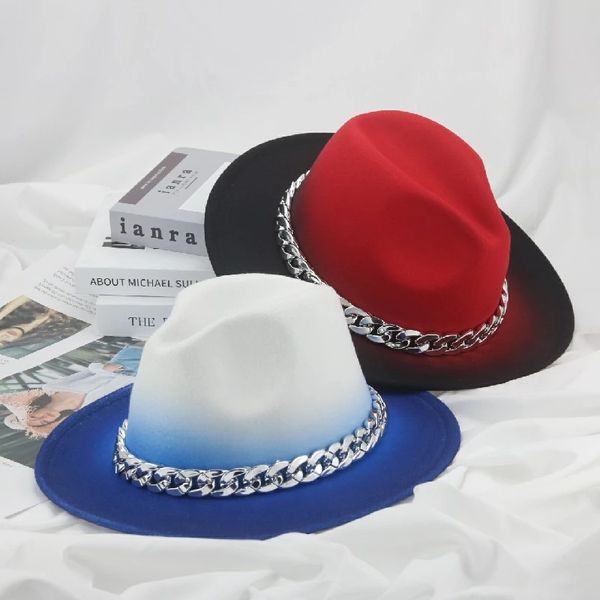 

fedoras women's hat gradient color red blue panama outdoor chain men's hat felted jazz cap wedding church hat sombreros de mujer, Blue;gray