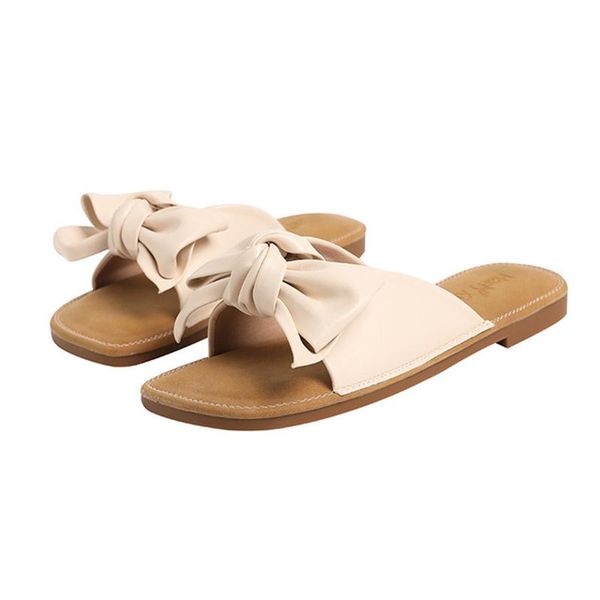 

slippers women's shoes 2021 summer bowknot square toe sandals outer wear beach flat heel casual lazy drag, Black