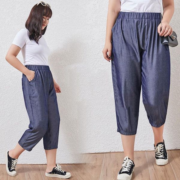 

women's jeans woman high waist softener plus size summer thinloose drawstring mom denim feminino calf-length straigh pants, Blue