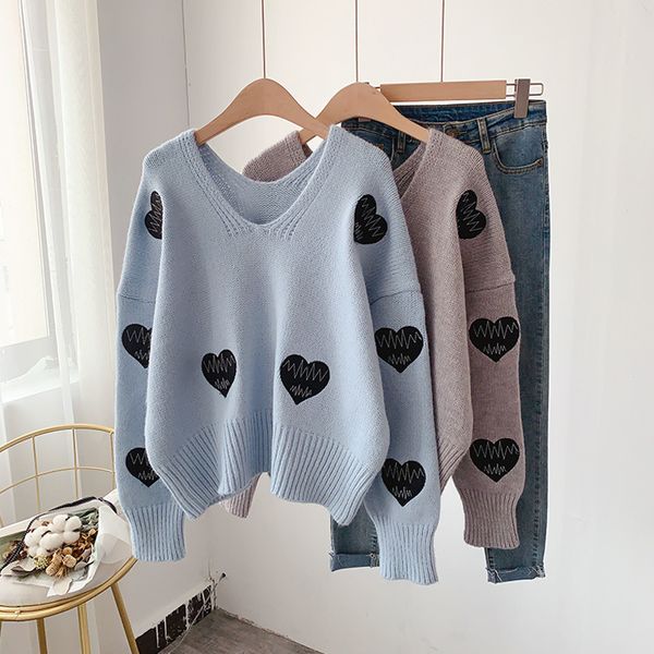 H.SA Winter Süßer Pullover und Pullover für Frauen V-Ausschnitt Sweet Heart Stickerei Strickpullover Chic Blue Streetwear Koreanische Pullover 210417