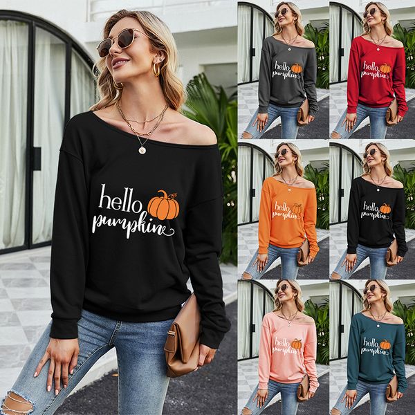 

2021 women's oblique neck long sleeve halloween letter pumpkin printed fashion sweater, Black