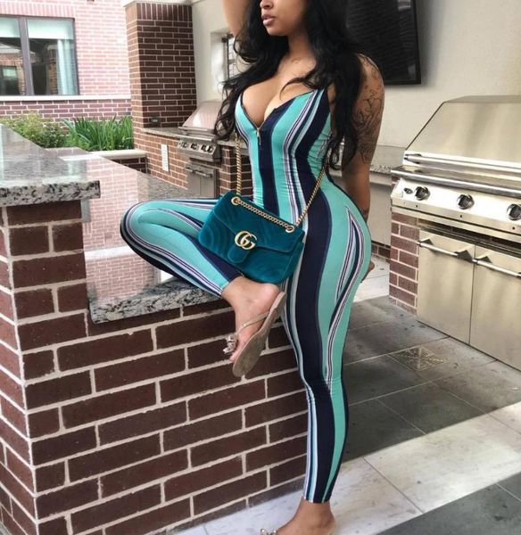

women's jumpsuits & rompers hirigin trendy women long sleeve deep v neck stripe skinny jumpsuit female slim clubwear outfits, Black;white